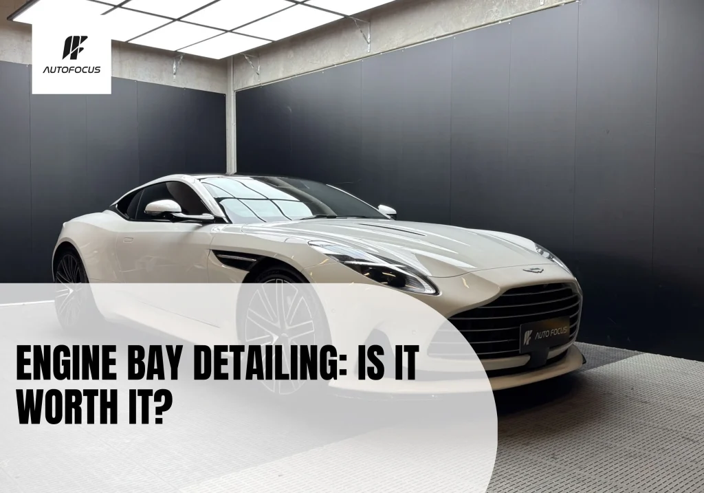 Professional engine bay detailing service for the luxury Aston Martin DB12 sports car in the Sydney workshop