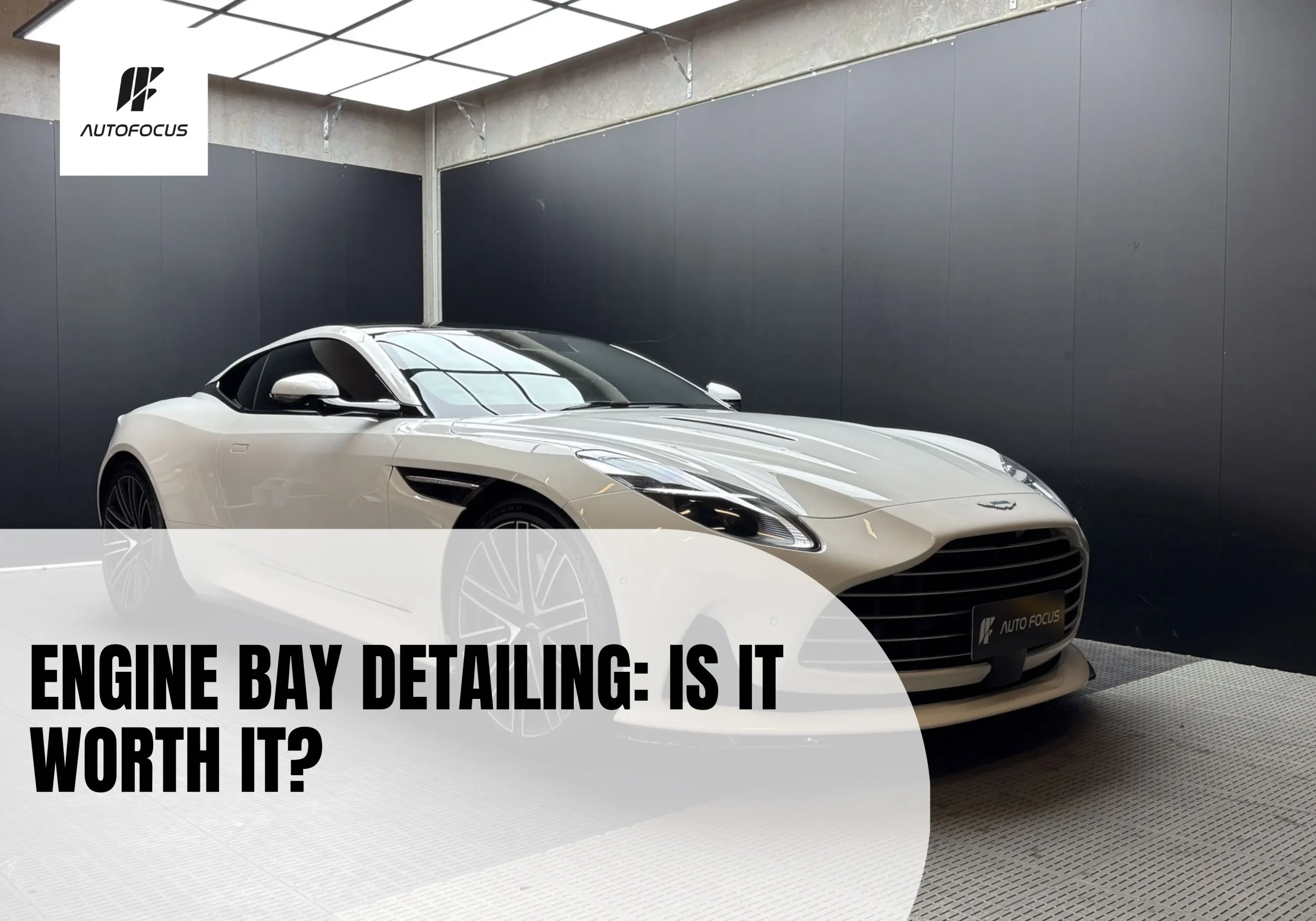 Professional engine bay detailing service for the luxury Aston Martin DB12 sports car in the Sydney workshop