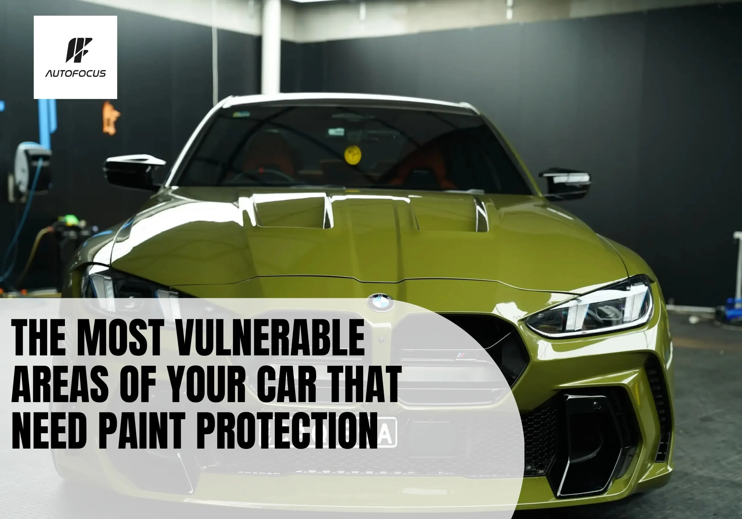 BMW M3 front bumper wrapped gloss army green, an area suited to bumper protection film.
